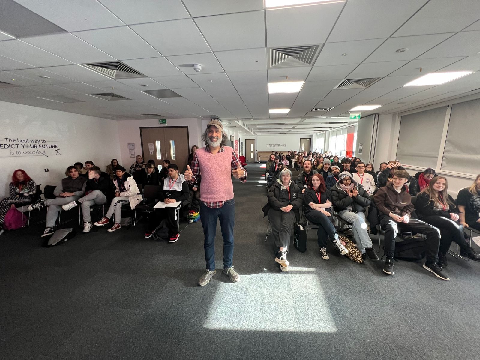 Billy addressing the full group of Walsall College students
