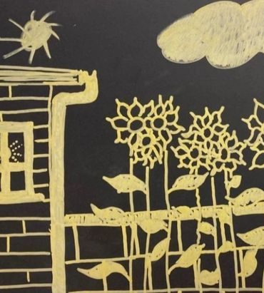 Children's artwork — sunflowers and houses inspired by The Exiles