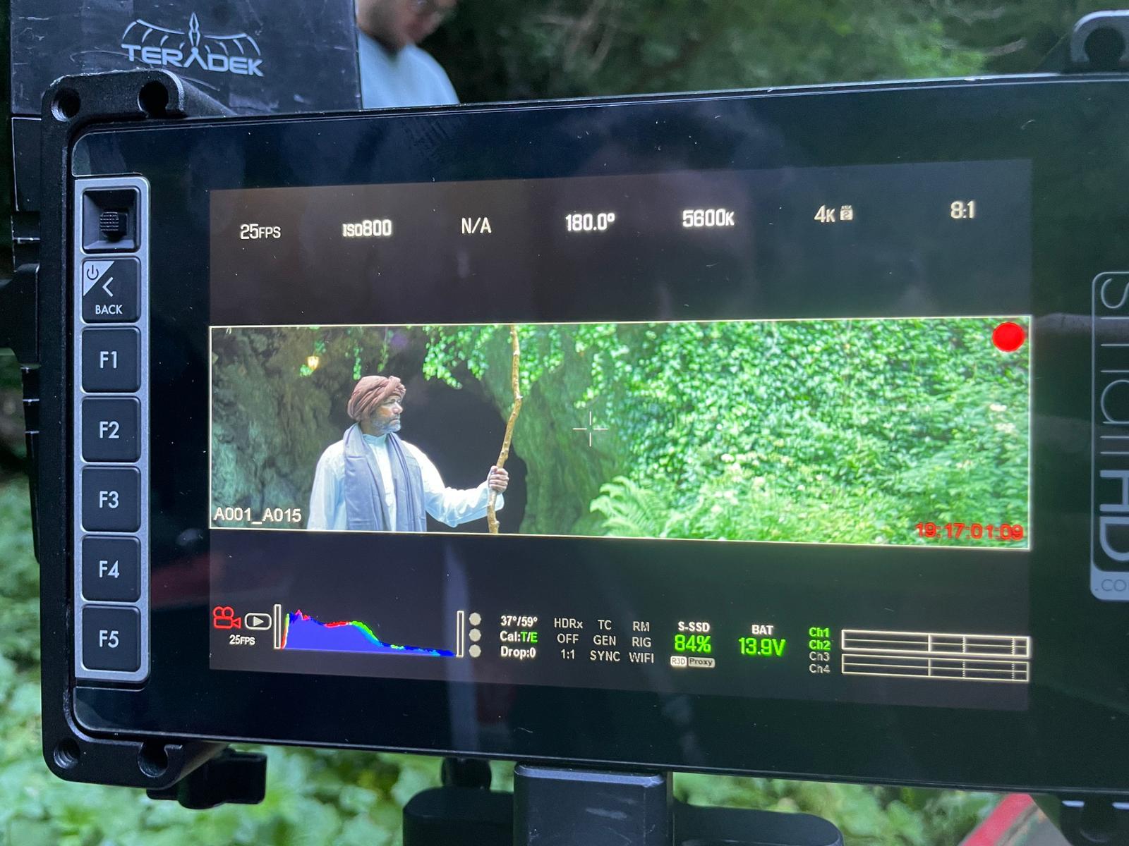 Teradek monitor — filming Sardar in the forest with staff