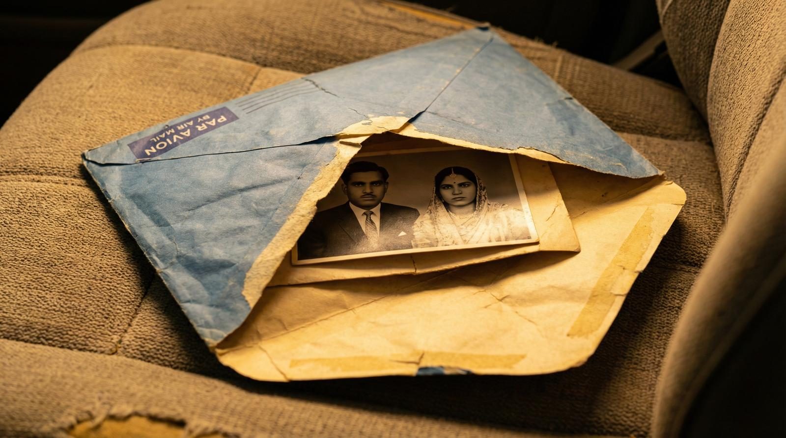 A par avion airmail envelope containing a black and white wedding photograph, resting on worn upholstery — primary research source material