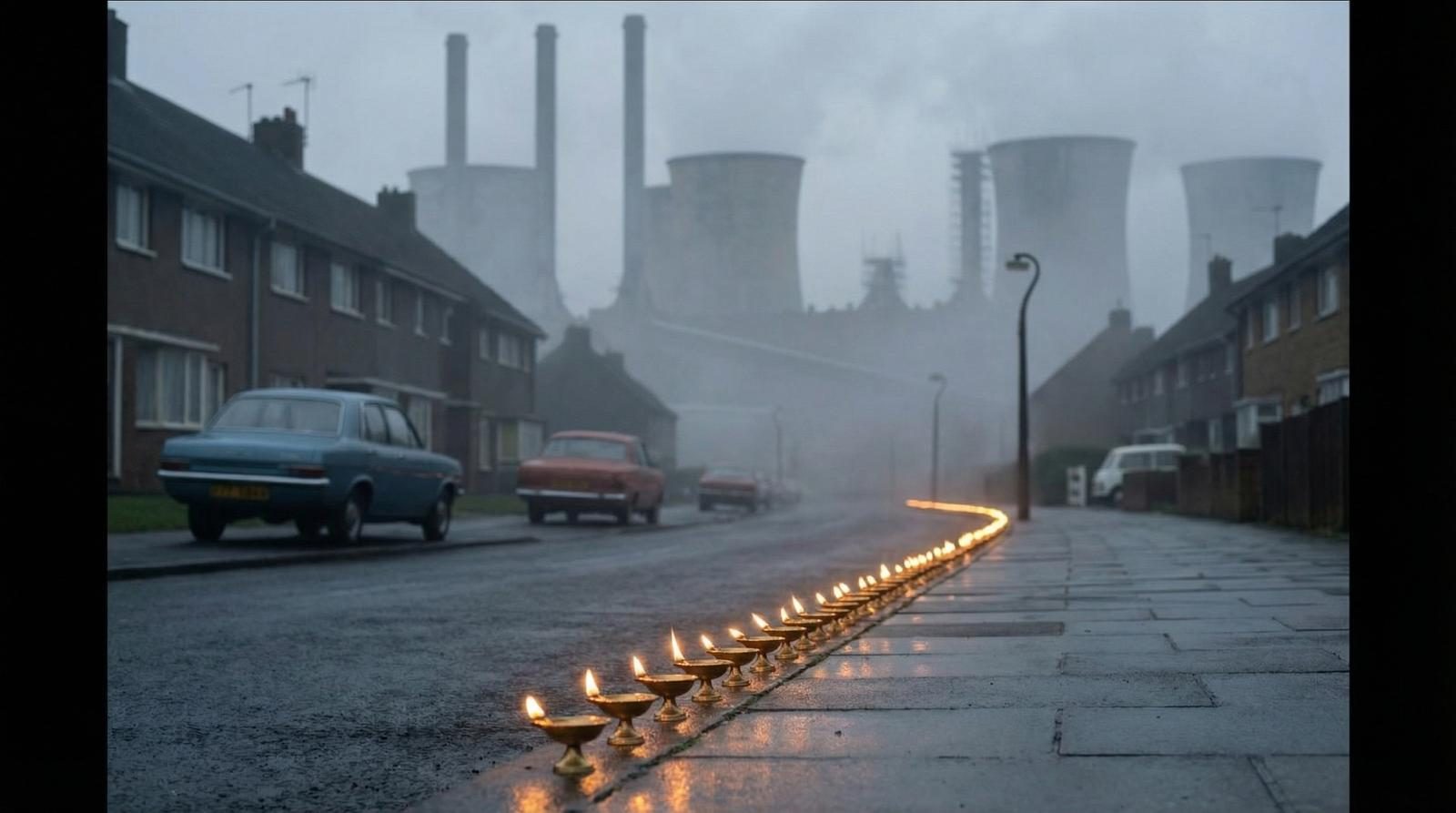 Cooling towers behind terraced houses at dusk