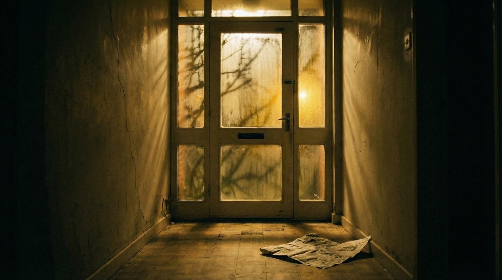 A doorway framing golden interior light — threshold between worlds