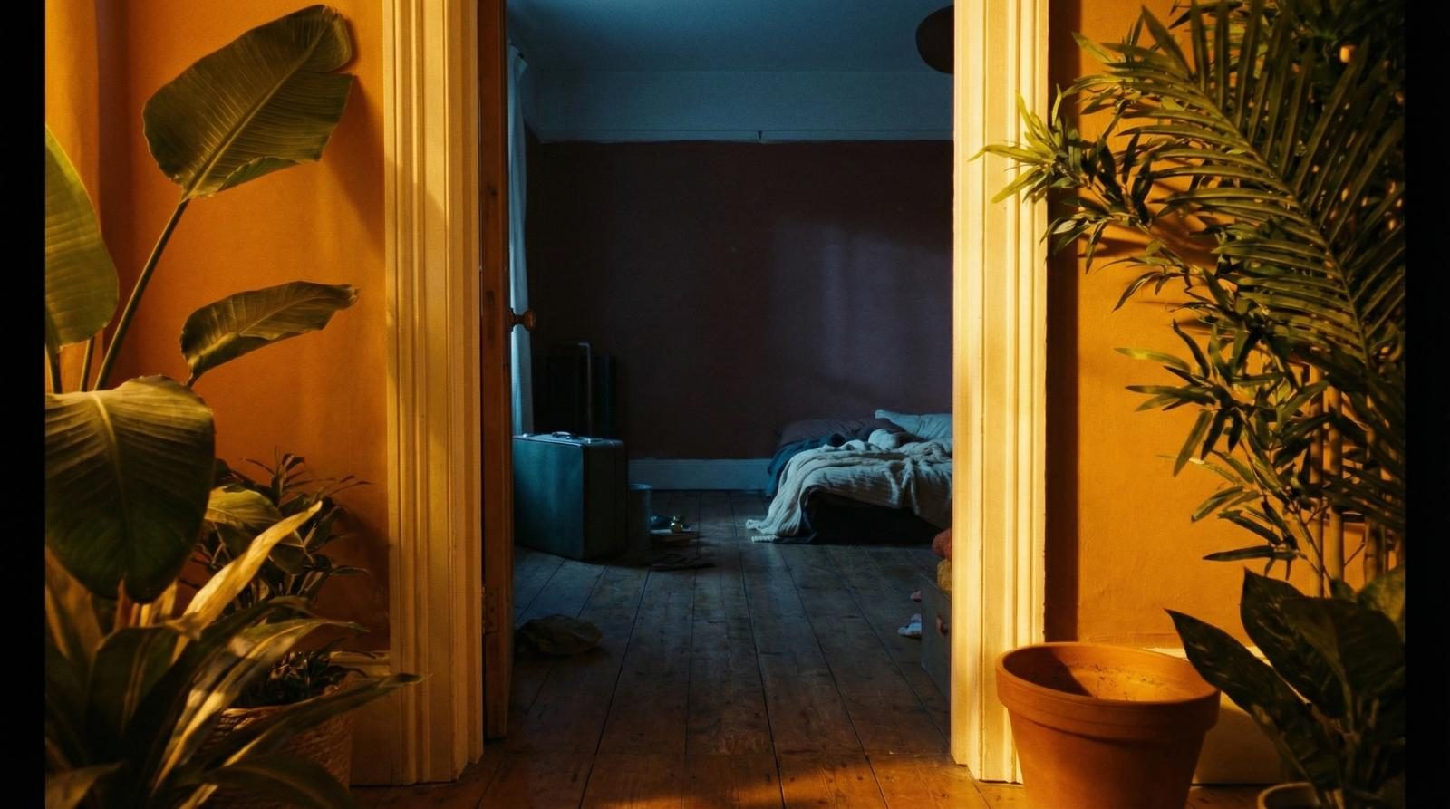 Doorway with warm interior and cool exterior — the threshold between worlds