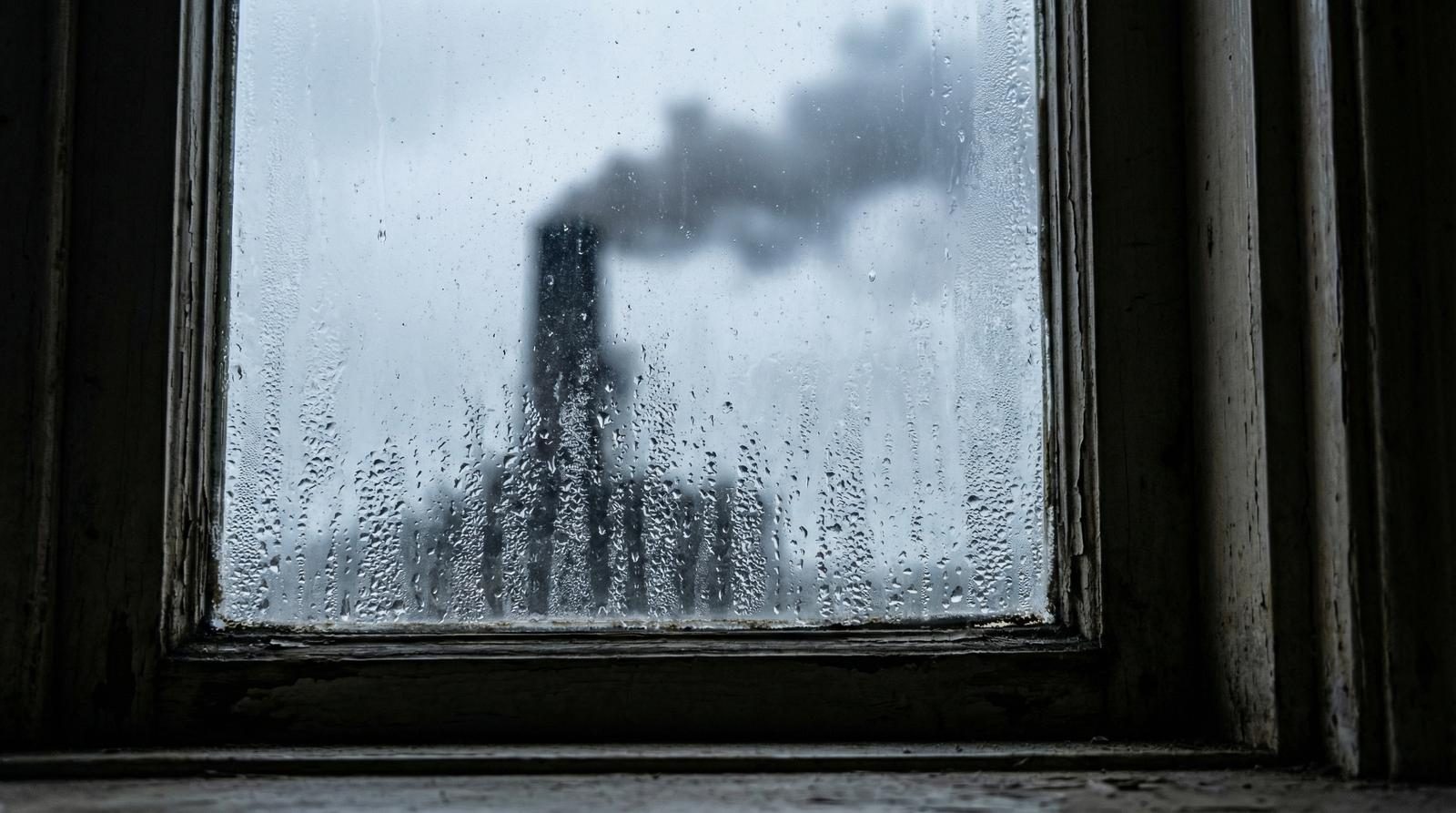 Frost on a window with factory chimneys beyond