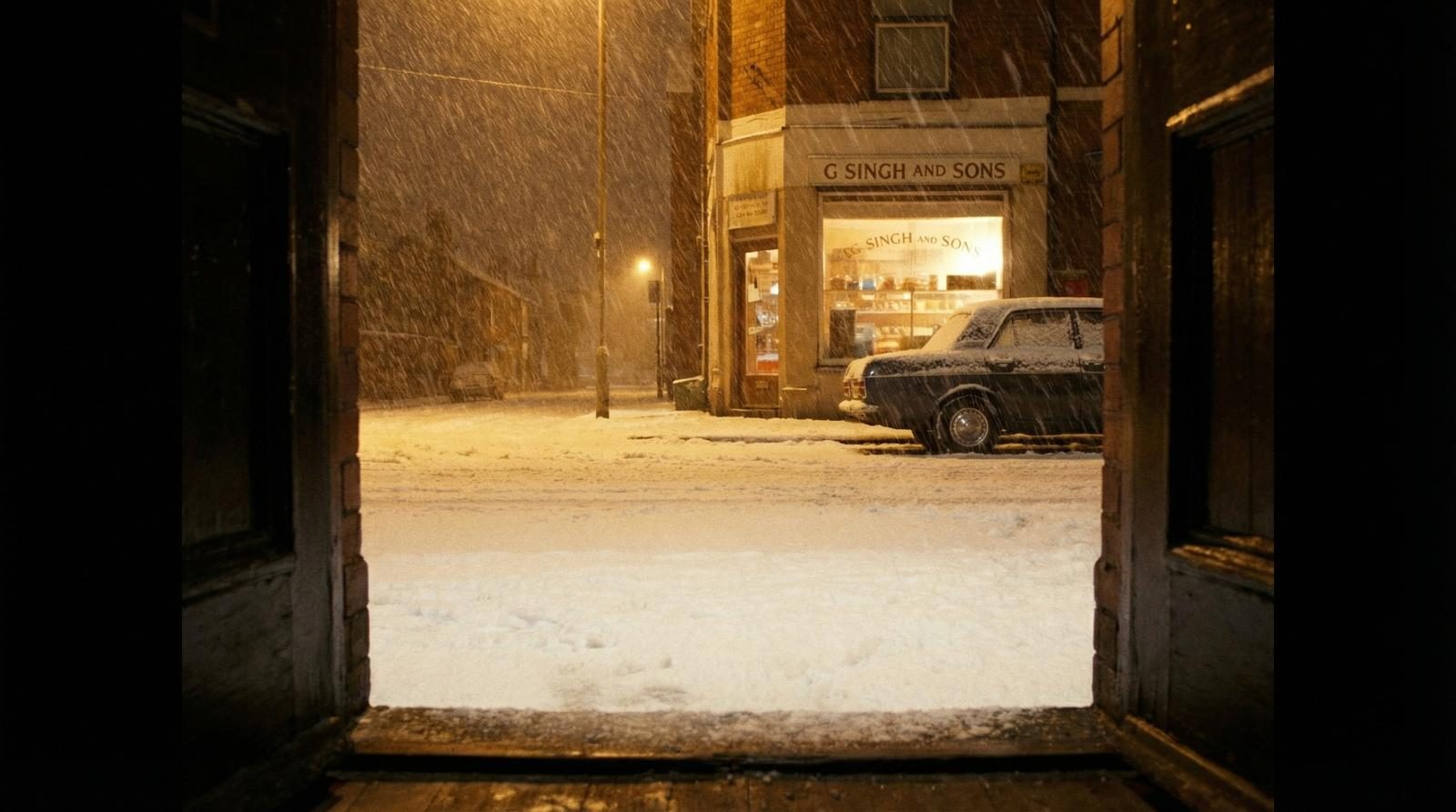 Headscarf billowing in the breeze under street lights
