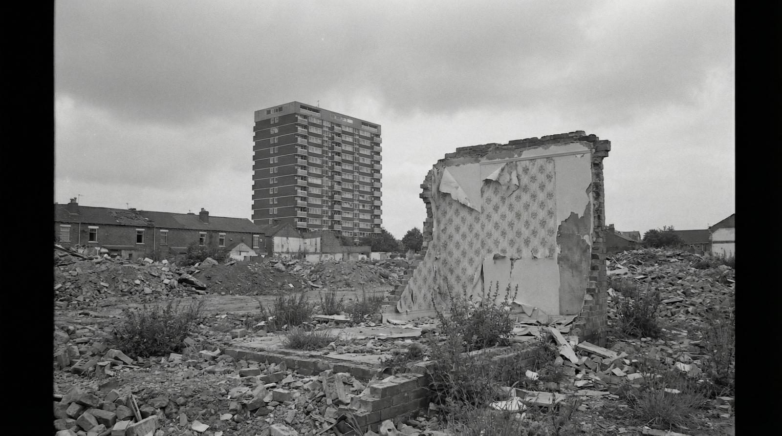 A marigold garland on a wooden post with an industrial landscape beyond — cultural presence in the Black Country