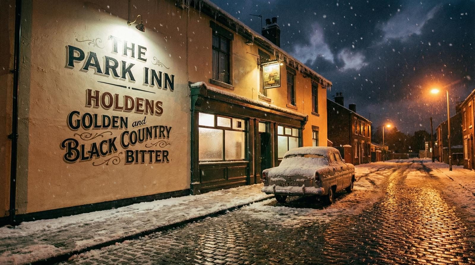 The Park Inn pub with Holden's signage in the snow — the social space of the migrant worker
