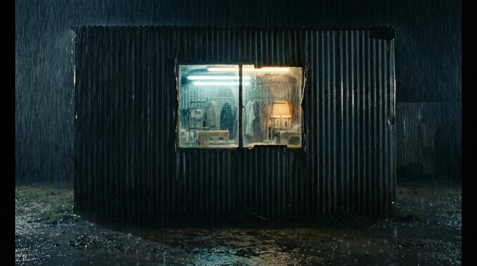 Corrugated shed with lit windows in rain