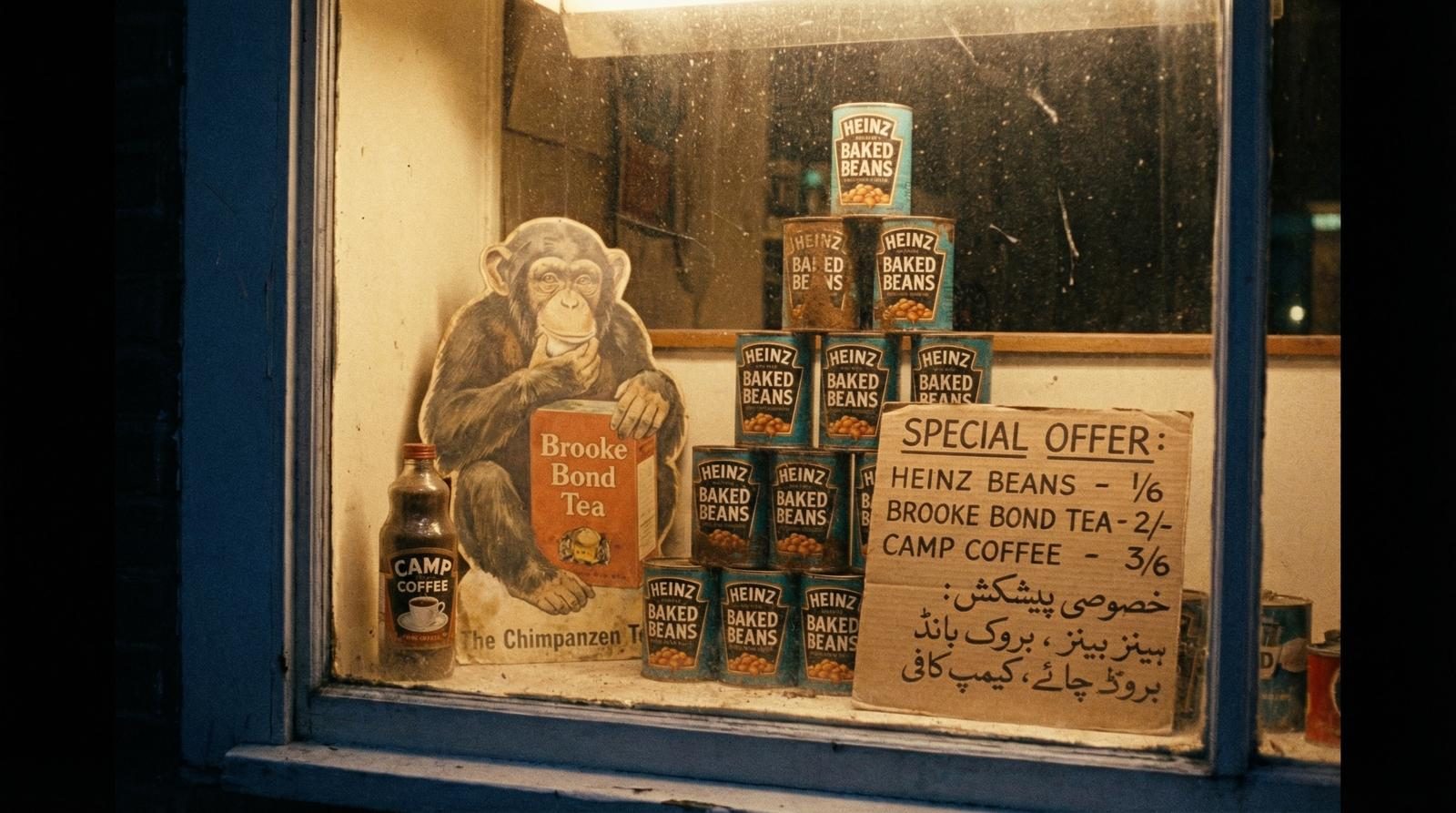 Shop window with English and Urdu signage