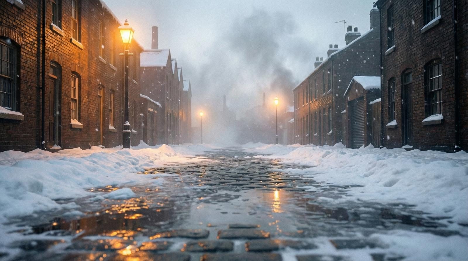 Gas-lit street in snow at evening — the atmospheric world of Paths You Walk
