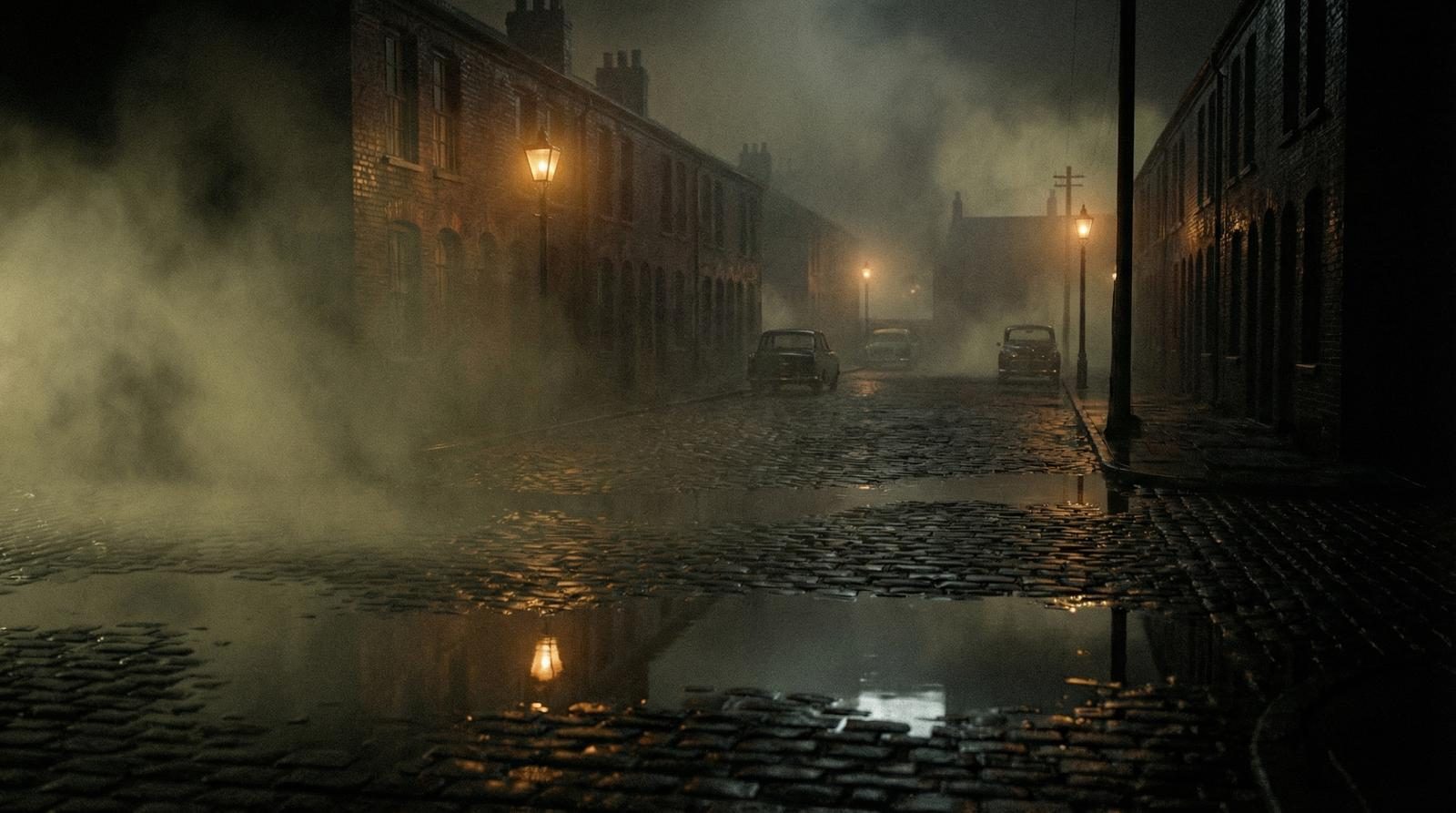 A wet Black Country street at night, cobblestones gleaming under sodium street lamps, industrial mist hanging in the air — the world of Paths You Walk