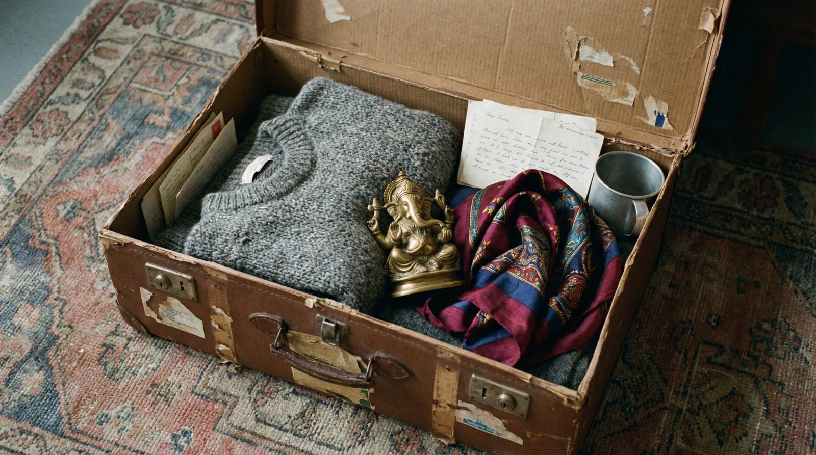 Open suitcase with Ganesh, marigolds, and fabric