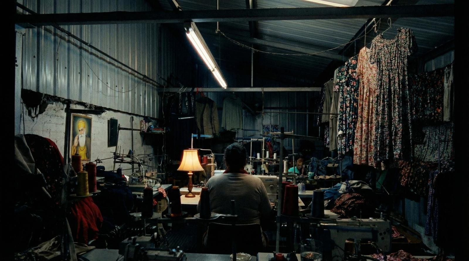 Warehouse at dusk with open doorway — light and labour in the industrial landscape