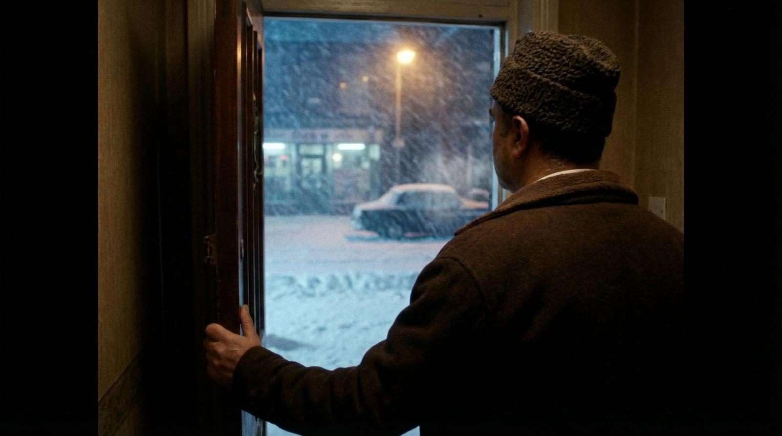 A man in a doorway watching the snow — the longing and isolation of exile