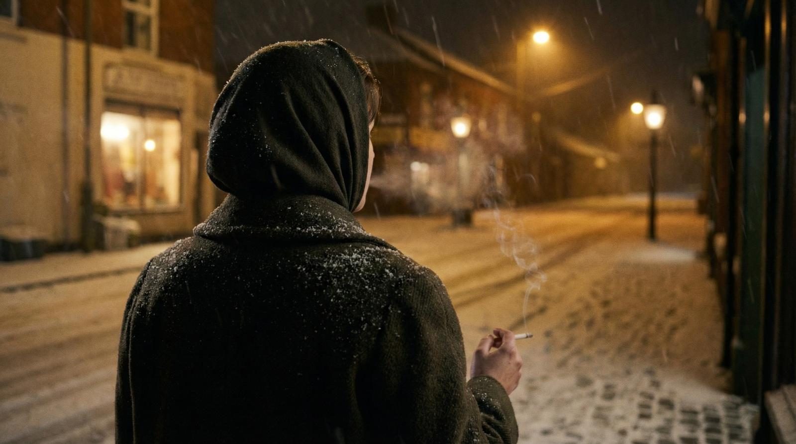 Woman in headscarf walking a snowy night street