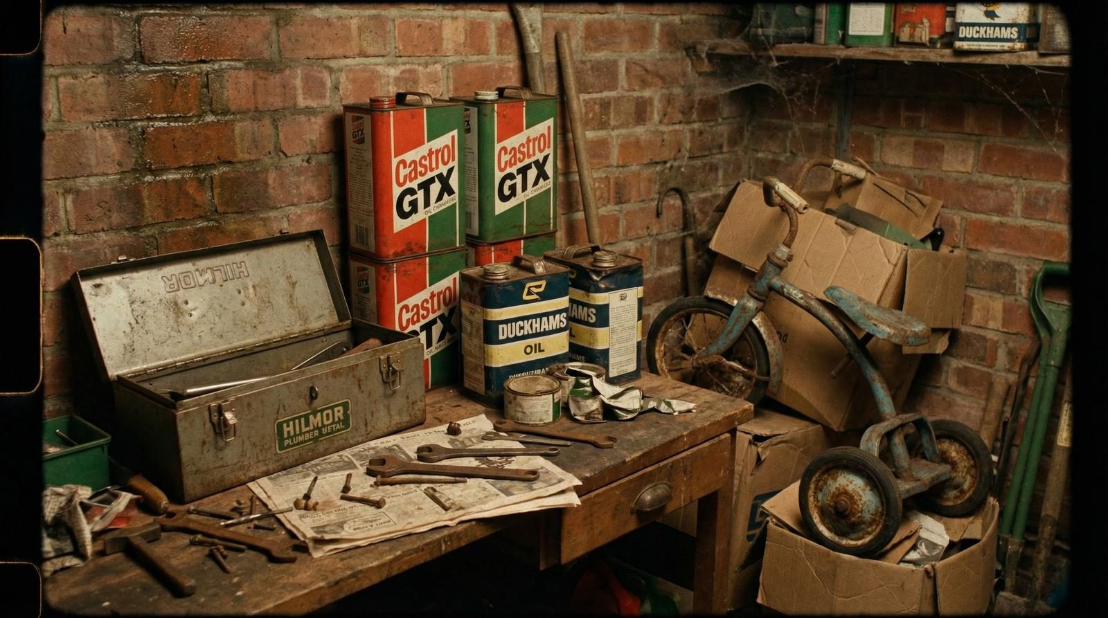 A workshop bench with Castrol GTX oil cans, tools, and grease-stained surfaces — period production design for the foundry set