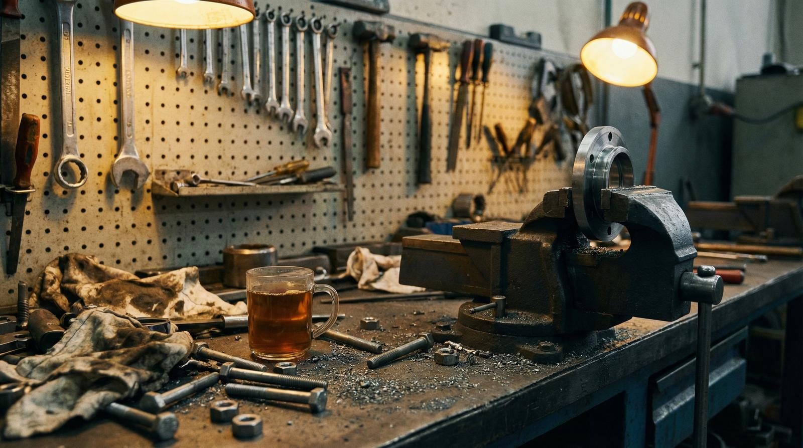 Period workshop with vintage tools and warm lamp light